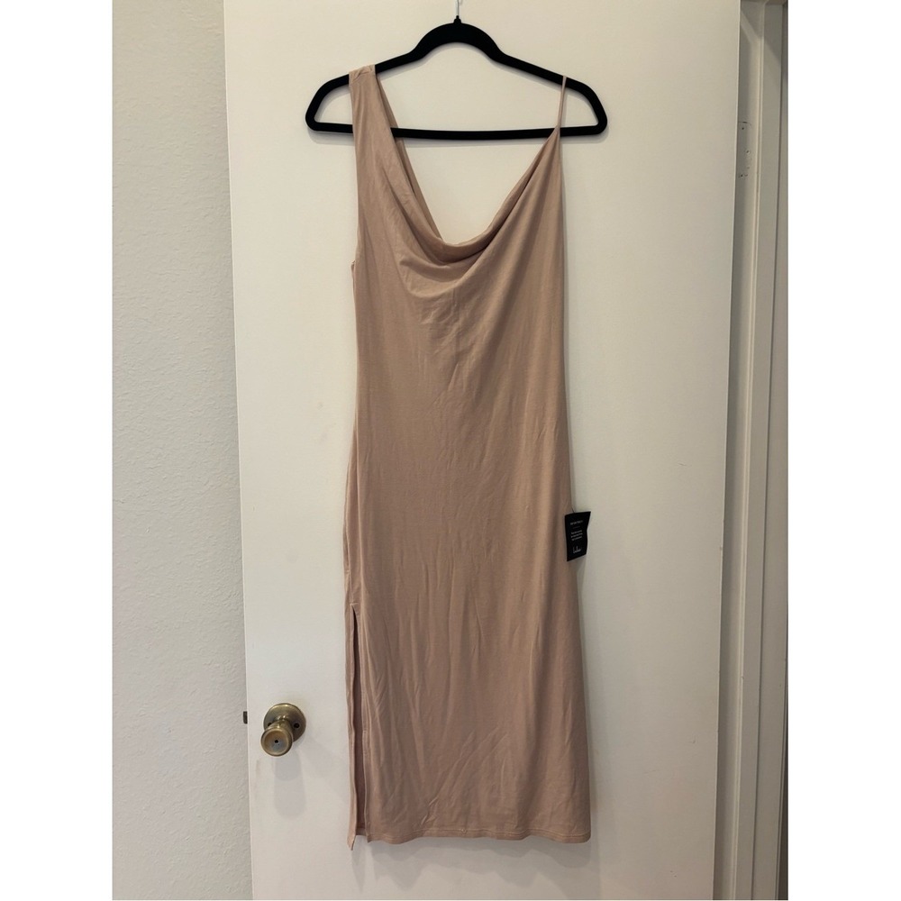 NWT Lulus My Best Side Beige Asymmetrical Cowl Neck midi dress bodycon leg slit